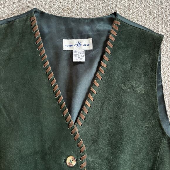 Vintage Suede Leather Vest Western Green Button Front Point West USA Rustic M - Picture 5 of 8